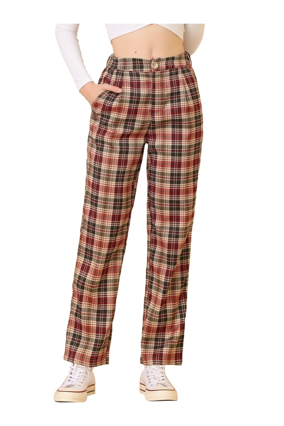 Juniors Plaid Elastic Waist Button Zipper Straight Leg Long Pants
