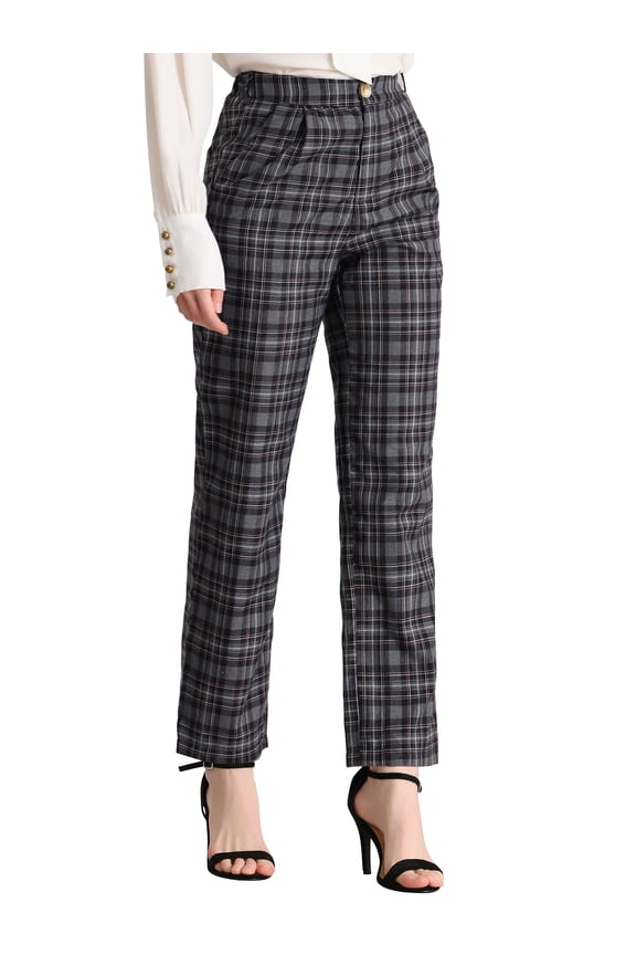 Juniors Plaid Elastic Waist Button Zipper Straight Leg Long Pants
