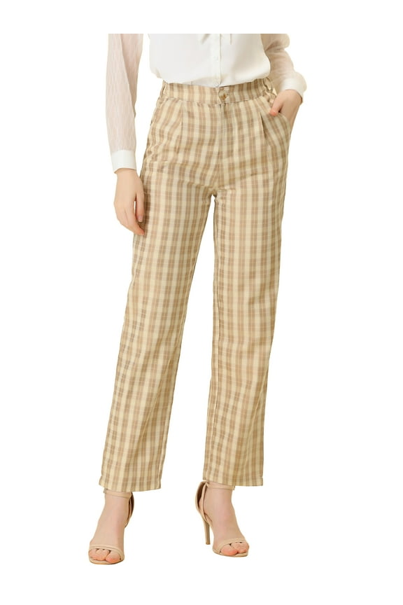 Juniors Plaid Elastic Waist Button Zipper Straight Leg Long Pants