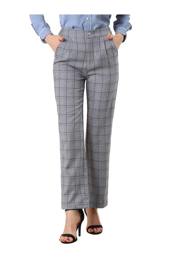 Juniors Plaid Elastic Waist Button Zipper Straight Leg Long Pants