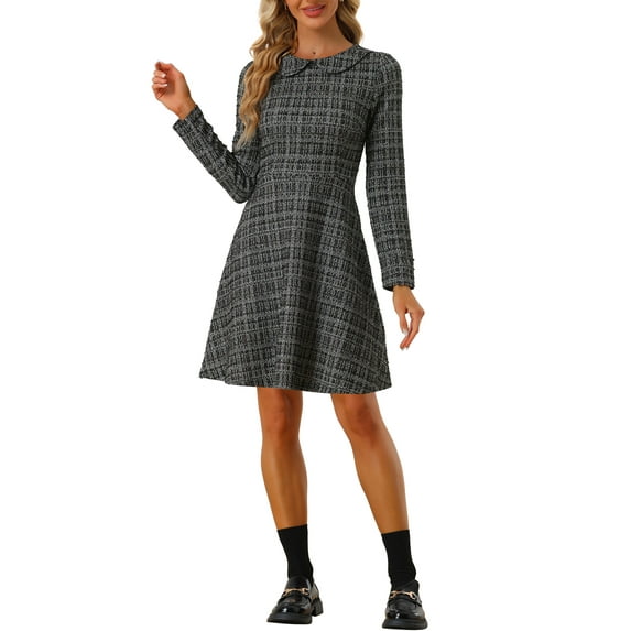 MODA NOVA Juniors Plaid Grid Peter Pan Collar Long Sleeve A-line Vintage Tweed Dress