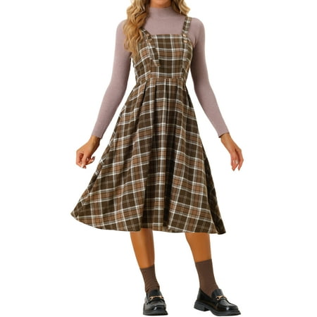 MODA NOVA Juniors Plaid Overalls Vintage Sleeveless A-Line Overall Pinafore Midi Dress Suspender Skirt