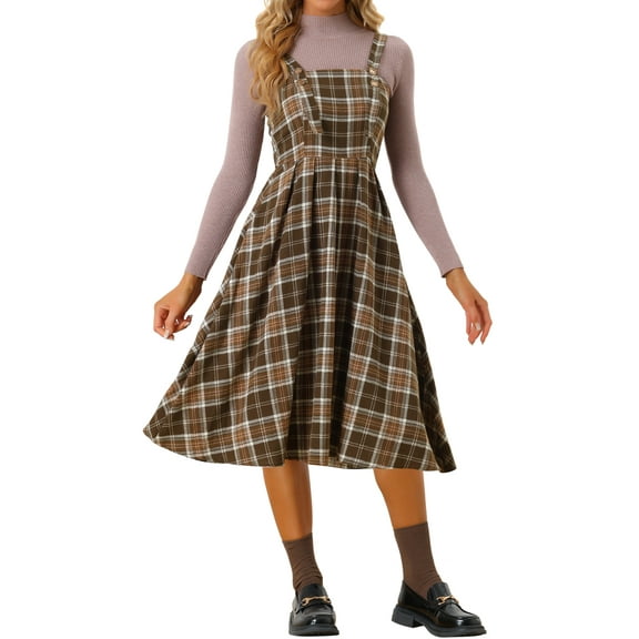 MODA NOVA Juniors Plaid Overalls Vintage Sleeveless A-Line Overall Pinafore Midi Dress Suspender Skirt