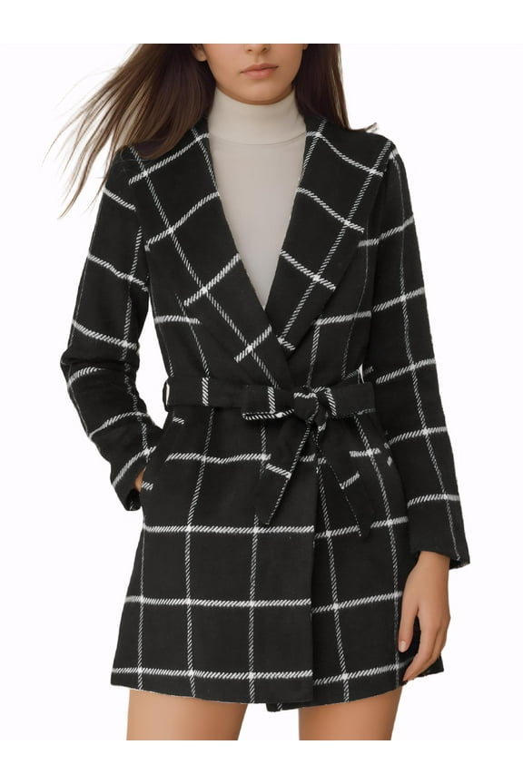 Juniors Plaid Shawl Collar Belted Wrap Winter Coat