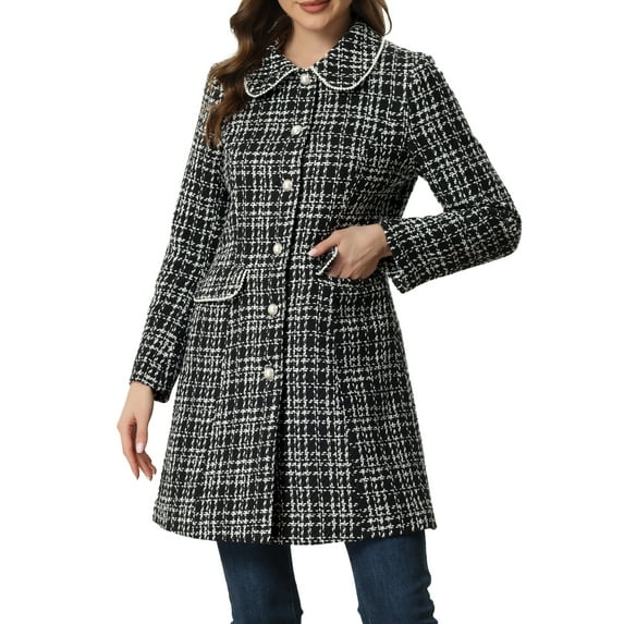 MODA NOVA Juniors Plaid Tweed Button Doll Collar Winter Elegant Long Coat Black S