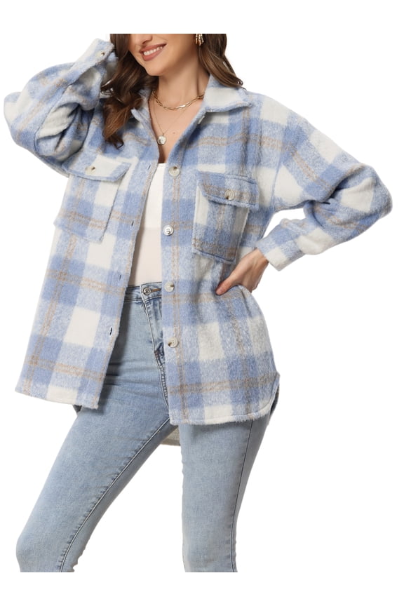 Juniors Plaid Two Pockets Button Front Closure Jacket Blue S