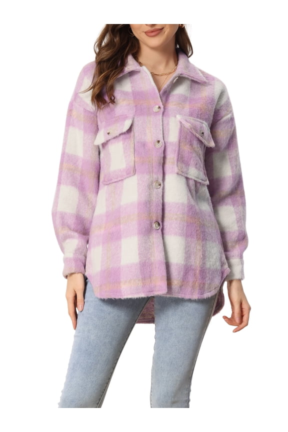 Juniors Plaid Two Pockets Button Front Closure Jacket Purple M