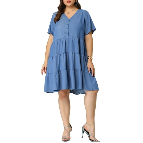 MODA NOVA Juniors' Plus Denim Dress Tiered V Neck Short Sleeve Midi Chambray Dresses