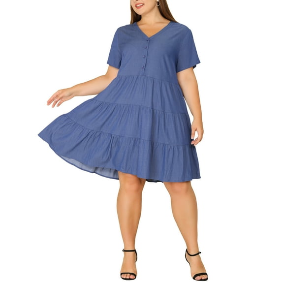 MODA NOVA Juniors' Plus Denim Dress Tiered V Neck Short Sleeve Midi Chambray Dresses
