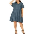 thumbnail image 1 of MODA NOVA Juniors' Plus Denim Dress Tiered V Neck Short Sleeve Midi Chambray Dresses, 1 of 6