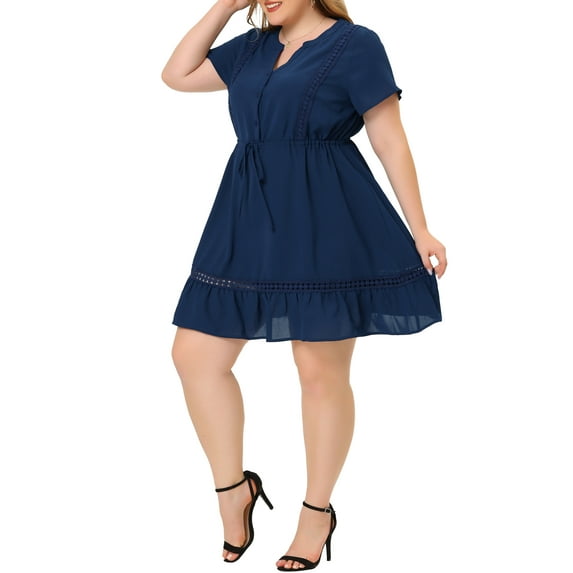 MODA NOVA Juniors Plus Dress V Neck Short Sleeve Tie Waist Ruffle Hem Dresses