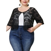 MODA NOVA Juniors' Plus Elbow Sleeve Floral Lace Open Front Sheer Shrug Top