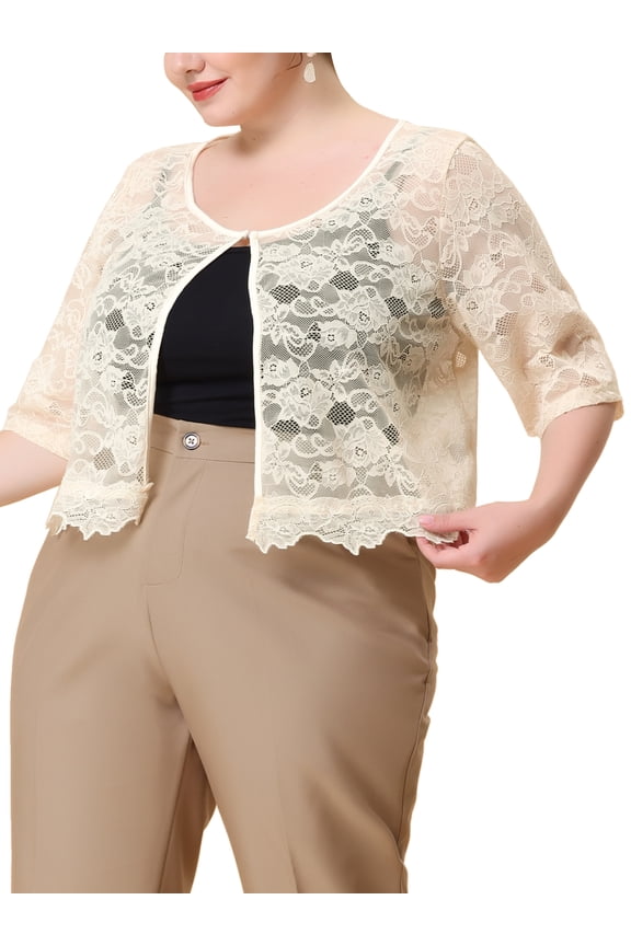 Juniors' Plus Elbow Sleeve Floral Lace Open Front Sheer Shrug Top