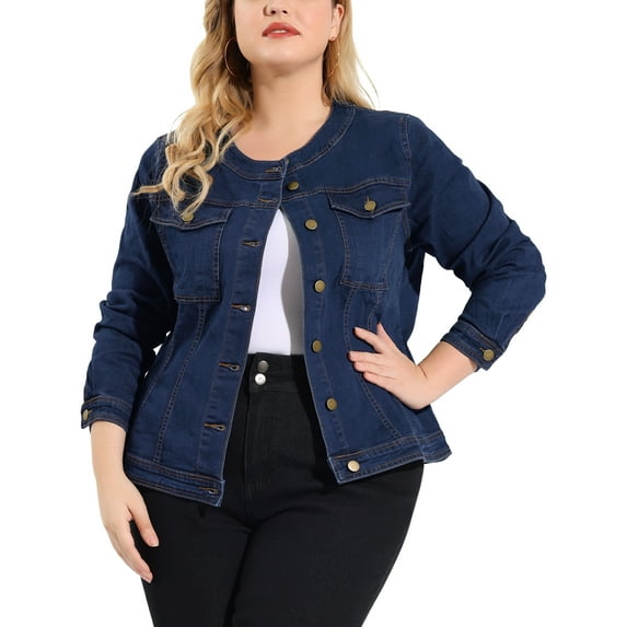 MODA NOVA Juniors Plus Jean Jacket Long Sleeves Collarless Denim Jacket Blue 1X