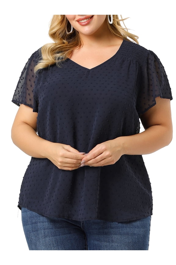 Juniors Plus Pin Dots V Neck Casual Smocked Bell Short Sleeve Top Royal Blue 1X