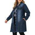 thumbnail image 1 of MODA NOVA Juniors Plus Ripped Long Sleeve Button Down Mid Length Denim Jacket, 1 of 6