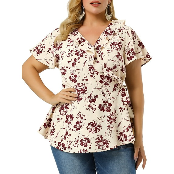 MODA NOVA Juniors' Plus Ruffle Floral Wrap Tie Waist Peplum Blouse Beige 5X