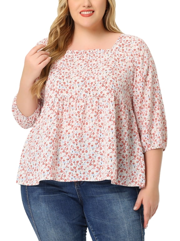 Juniors Plus Size Babydoll Blouse Square Neck 3/4 Sleeve Floral Peplum Tops Pink 4X