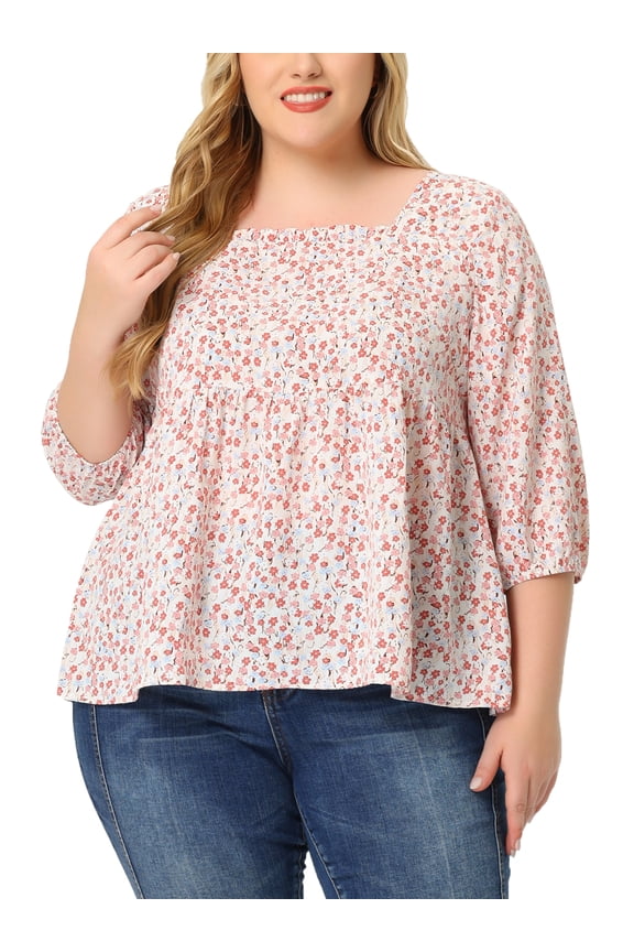 Juniors Plus Size Babydoll Blouse Square Neck 3/4 Sleeve Floral Peplum Tops Pink 4X