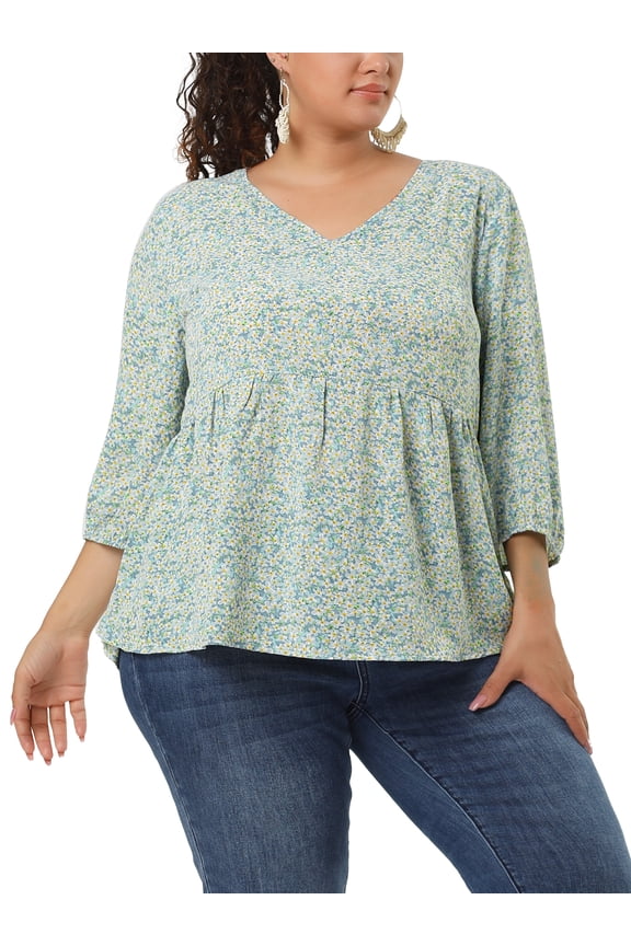 Juniors Plus Size Babydoll Floral 3/4 Sleeve Peplum Blouse
