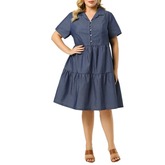 MODA NOVA Juniors Plus Size Babydoll Short Sleeves Tiered Denim Shirt Dress