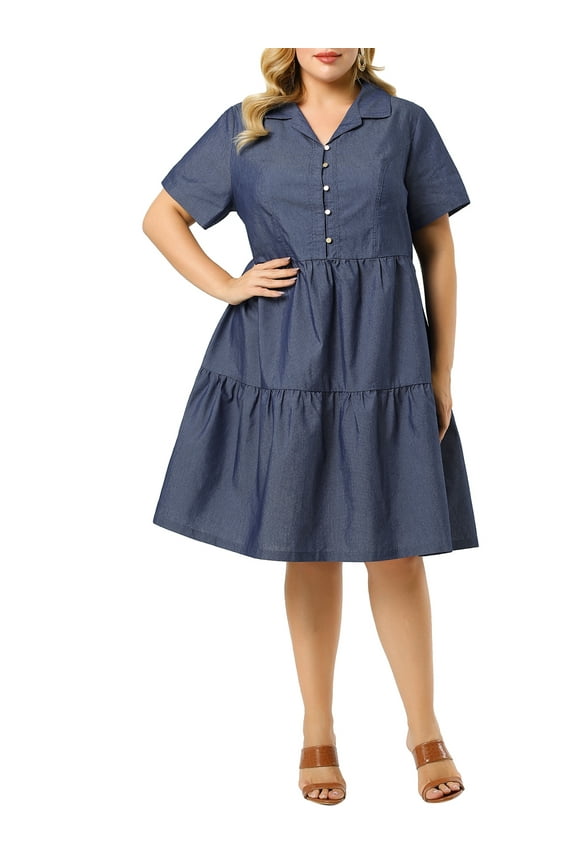 Juniors Plus Size Babydoll Short Sleeves Tiered Denim Shirt Dress