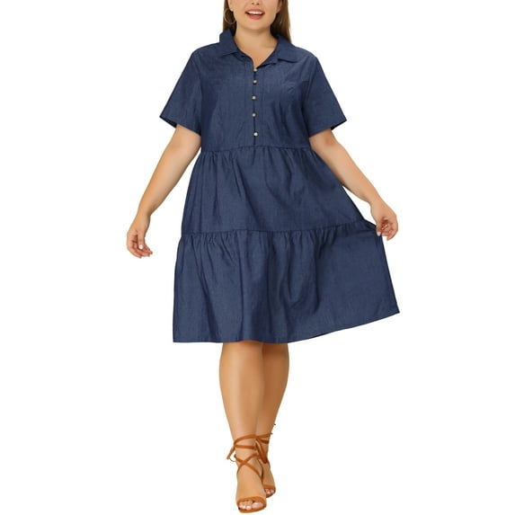 MODA NOVA Juniors Plus Size Babydoll Short Sleeves Tiered Denim Shirt Dress