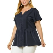 MODA NOVA Juniors Plus Size Bell Sleeve Button Down Collar Peplum Top Navy Blue 1X