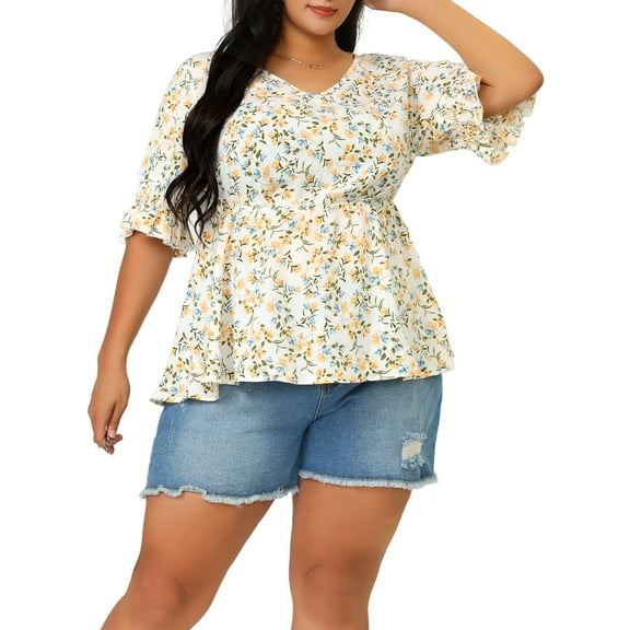 MODA NOVA Juniors' Plus Size Blouse Floral Ruffle Smock Sleeve V Neck Peplum Top White 5X