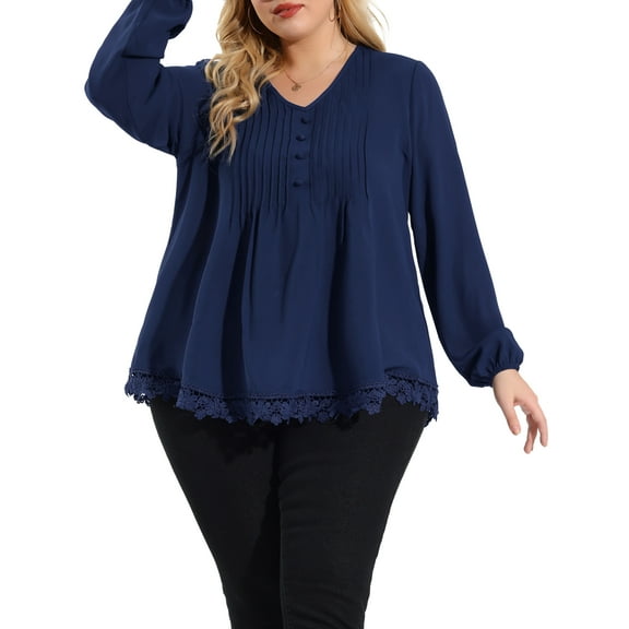 MODA NOVA Juniors' Plus Size Blouse Pleated V Neck Lace Solid Tops Navy Blue 2X