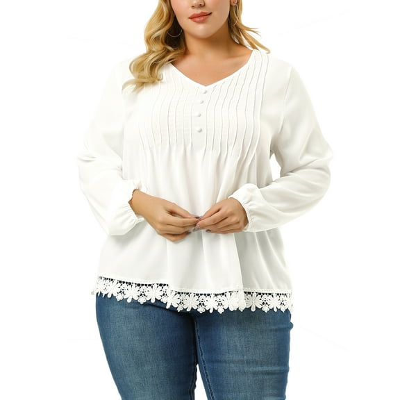 MODA NOVA Juniors' Plus Size Blouse Pleated V Neck Lace Solid Tops White 1X