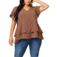 thumbnail image 1 of MODA NOVA Juniors' Plus Size Blouse Ruffle Hem Casual Peplum Top Brown 2X, 1 of 6