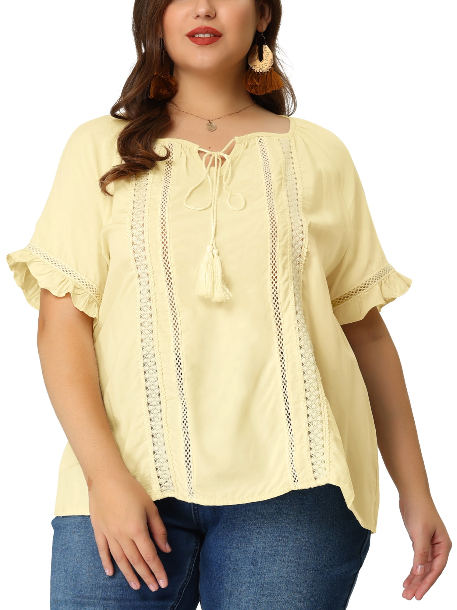 MODA NOVA Juniors' Plus Size Blouse Self Tie Neck Lace Hollow Out Ruffle  Short Sleeve Tops Yellow Cream 5X - Walmart.com, image size:1500x2000
