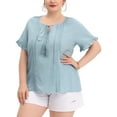 thumbnail image 1 of MODA NOVA Juniors' Plus Size Blouse Self Tie Neck Lace Hollow Out Ruffle Short Sleeve Tops, 1 of 5