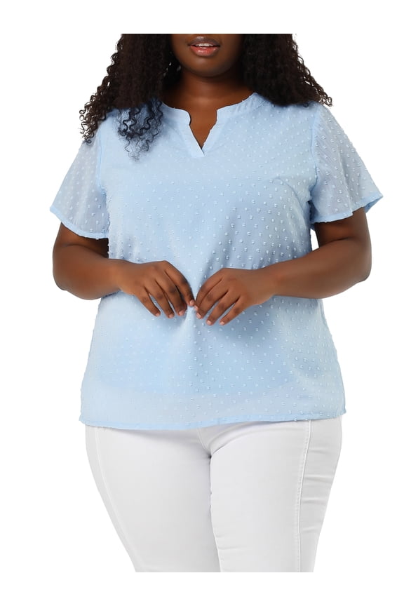 Juniors Plus Size Blouses Pin Dots Round Neck Basic Top Blue 4X