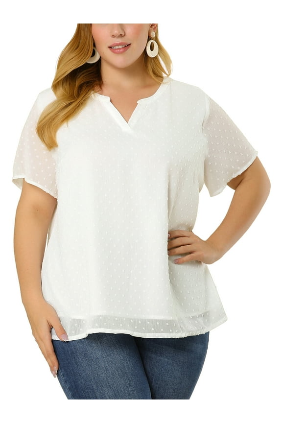 Juniors Plus Size Blouses Pin Dots Round Neck Basic Top White 2X