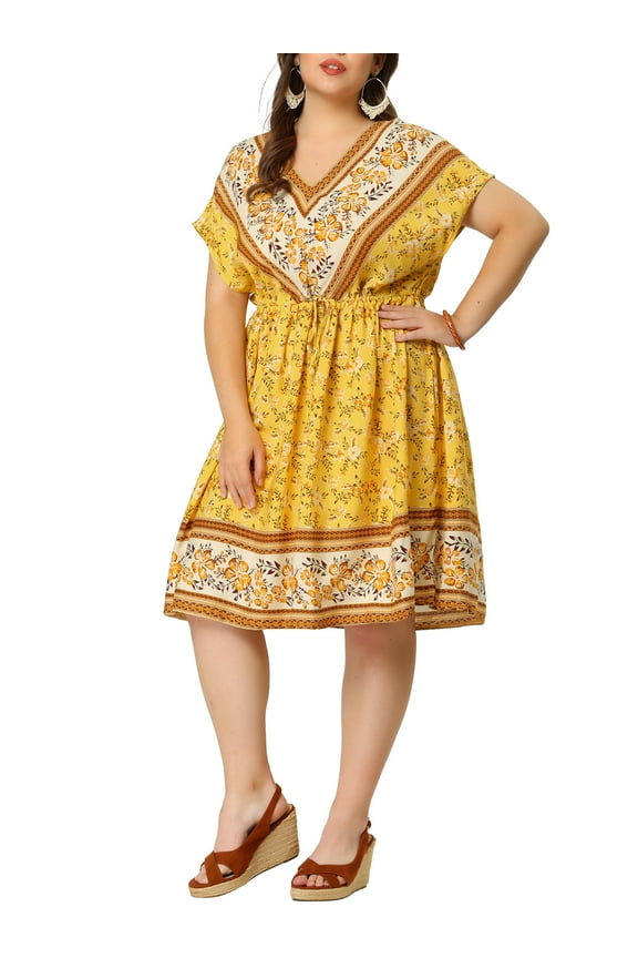 Juniors' Plus Size Boho Placed Pattern V Neck Drop Shoulder Drawstring Waist Dresses