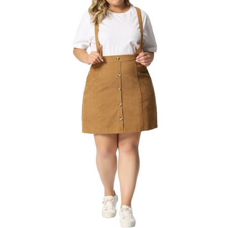 MODA NOVA Juniors Plus Size Button Zip A-Line Corduroy Mini Suspender Skirt Brown 3X