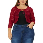 MODA NOVA Juniors' Plus Size Cardigan 3/4 Sleeve Floral Lace Tie Neck Crop Shrug White 5X