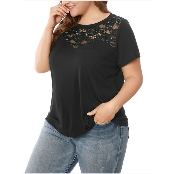 MODA NOVA Juniors Plus Size Casual Lace Color Block Short Sleeve Plain Top Black 4X