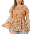 thumbnail image 1 of MODA NOVA Juniors' Plus Size Chiffon Blouses Flare Sleeve Smock Waist Round Neck Ditsy Floral Peplum Tops Orange 2X, 1 of 6
