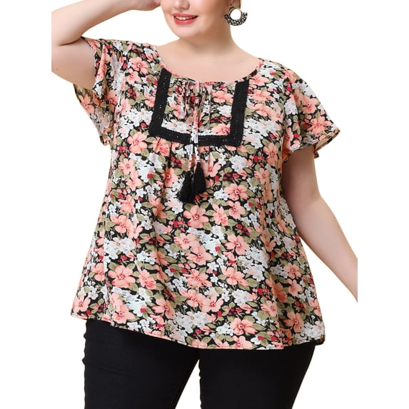 MODA NOVA Juniors' Plus Size Chiffon Tie Neck Tassel Lace Flare Sleeve Floral Tops