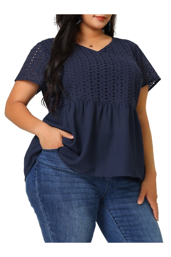 Juniors' Plus Size Contrast Panel V Neck Elastic Back Short Sleeve Blouses