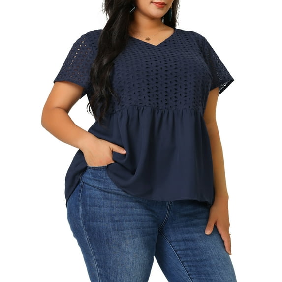 MODA NOVA Juniors' Plus Size Contrast Panel V Neck Elastic Back Short Sleeve Blouses