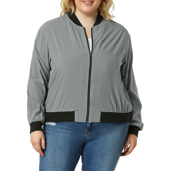 MODA NOVA Juniors Plus Size Contrast Trim Zipper Hip Length Bomber Jacket