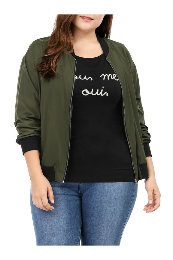 Juniors Plus Size Contrast Trim Zipper Hip Length Bomber Jacket