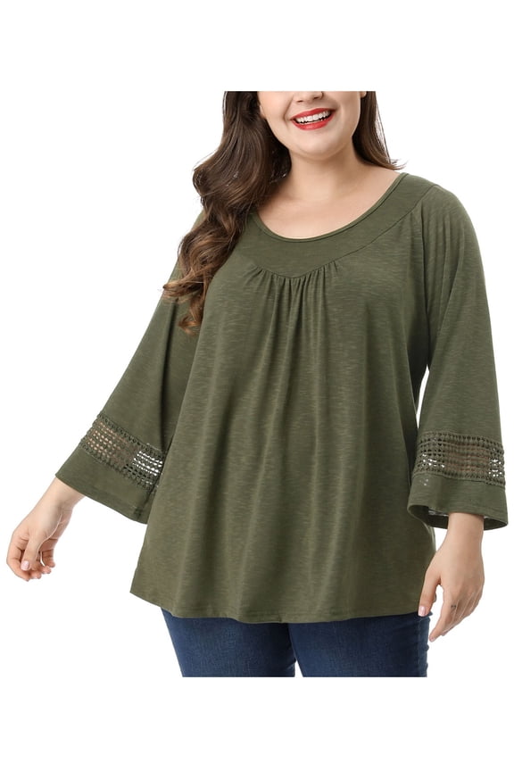 Juniors Plus Size Crochet Panel Long Sleeve Ruched Front Blouse
