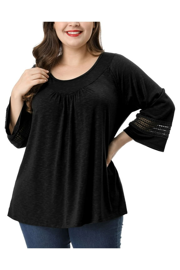 Juniors Plus Size Crochet Panel Long Sleeve Ruched Front Blouse