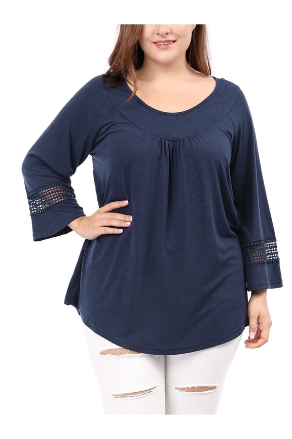 Juniors Plus Size Crochet Panel Long Sleeve Ruched Front Blouse