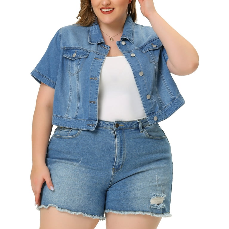 MODA NOVA Juniors Plus Size Cropped Wash Short Sleeves Denim Jacket